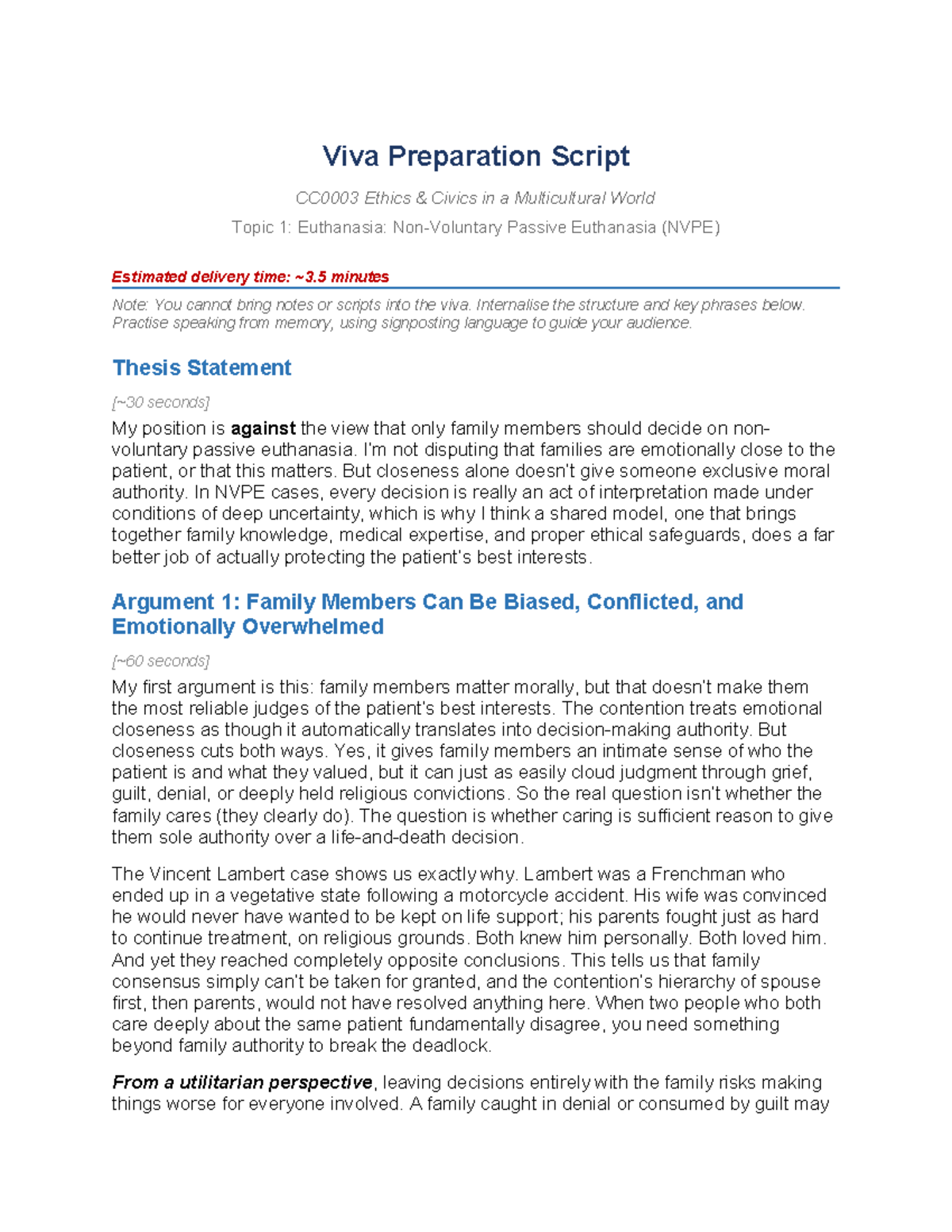 Viva Preparation Script: Ethics NVPE on Euthanasia - Studocu