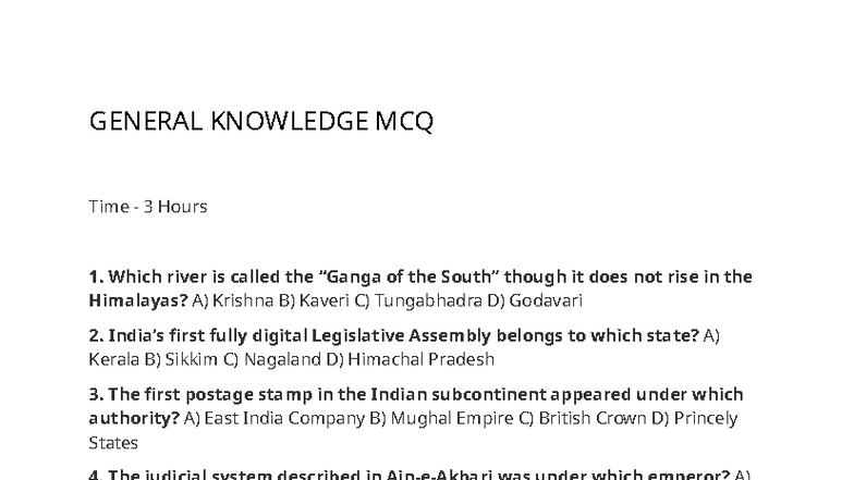 General Knowledge MCQ Test (3 Hours) - Studocu