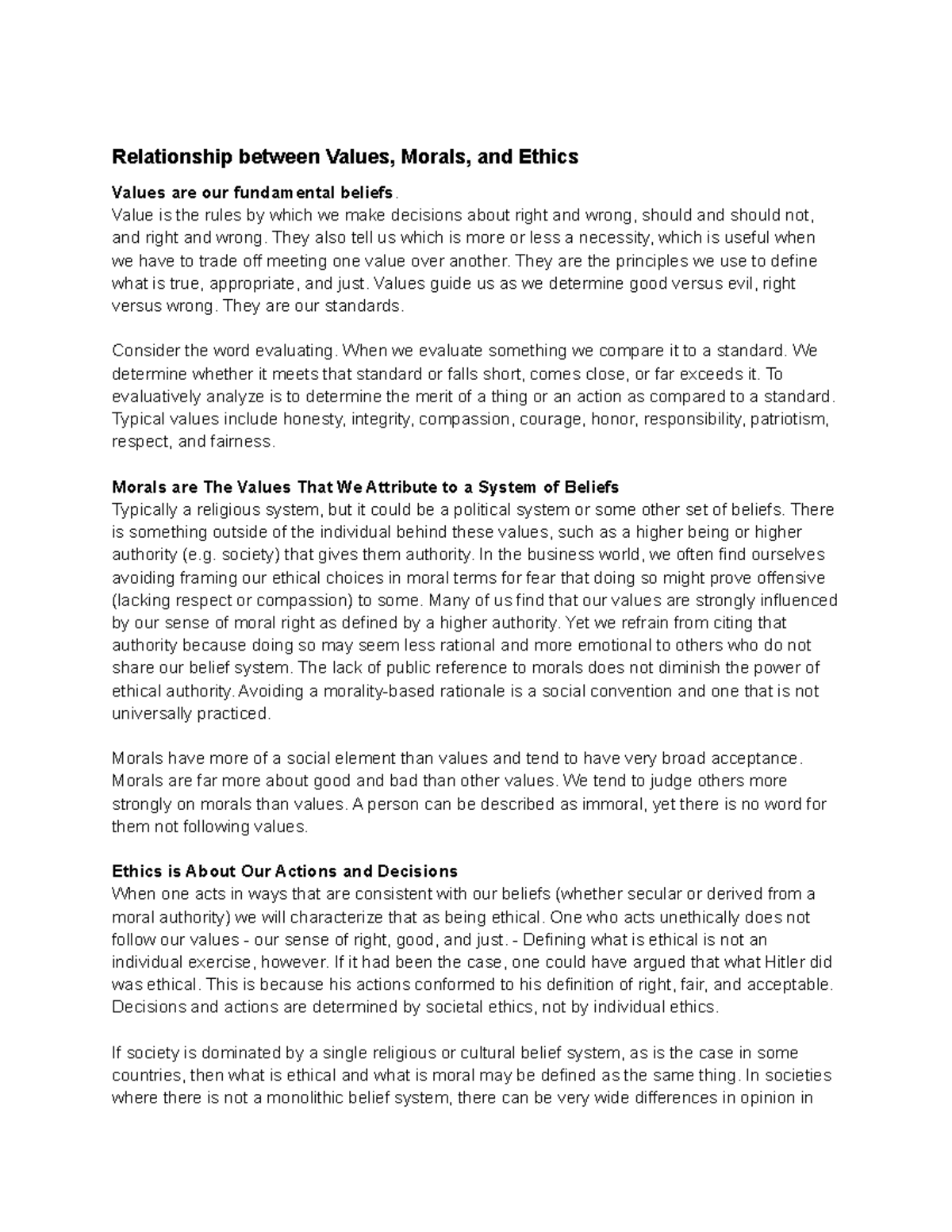 Exploring the Interplay of Values, Morals, and Ethics in Society - Studocu