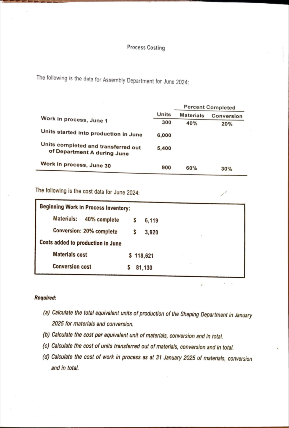 Process Costing Tutorial - Process Costing The following is the data ...