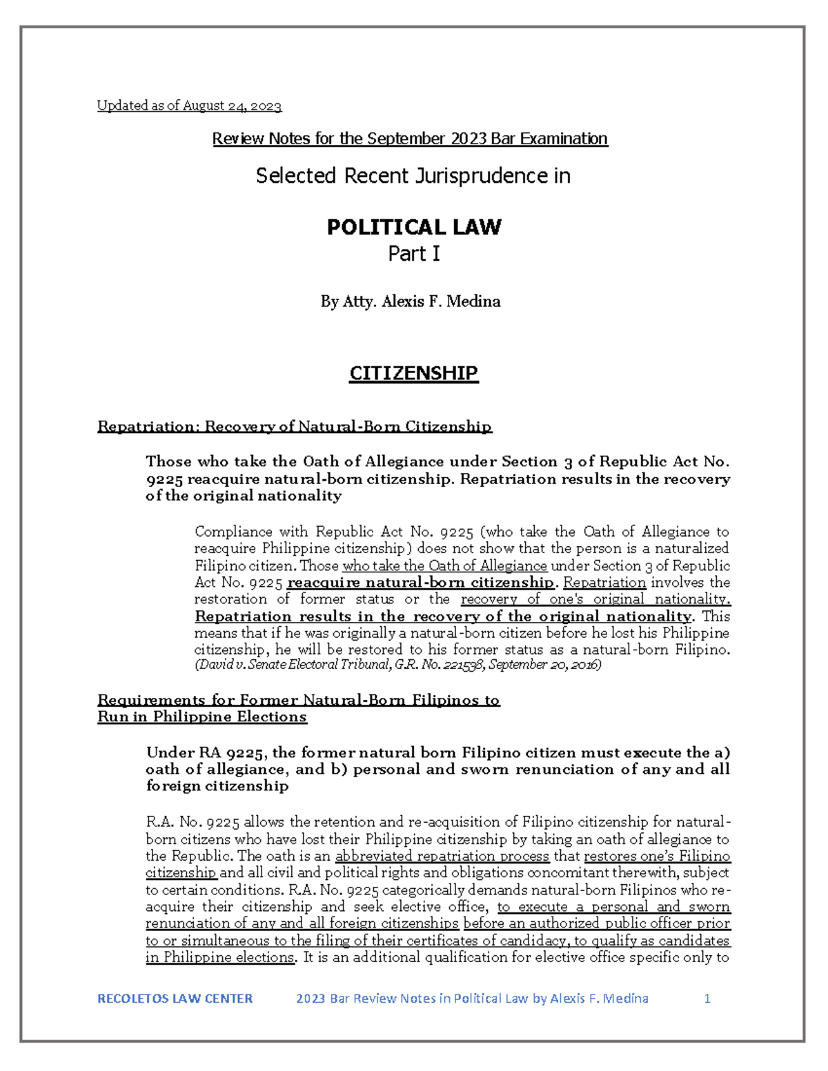 Political Law Part I: Key Insights & Updates for Bar Exam Prep - Studocu