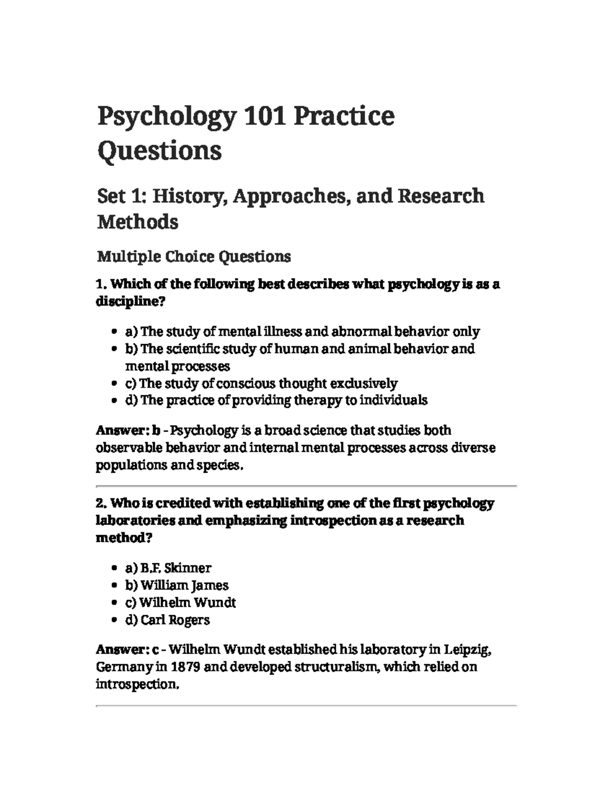 Psychology 101 Midterm Practice Questions: History & Research Methods ...