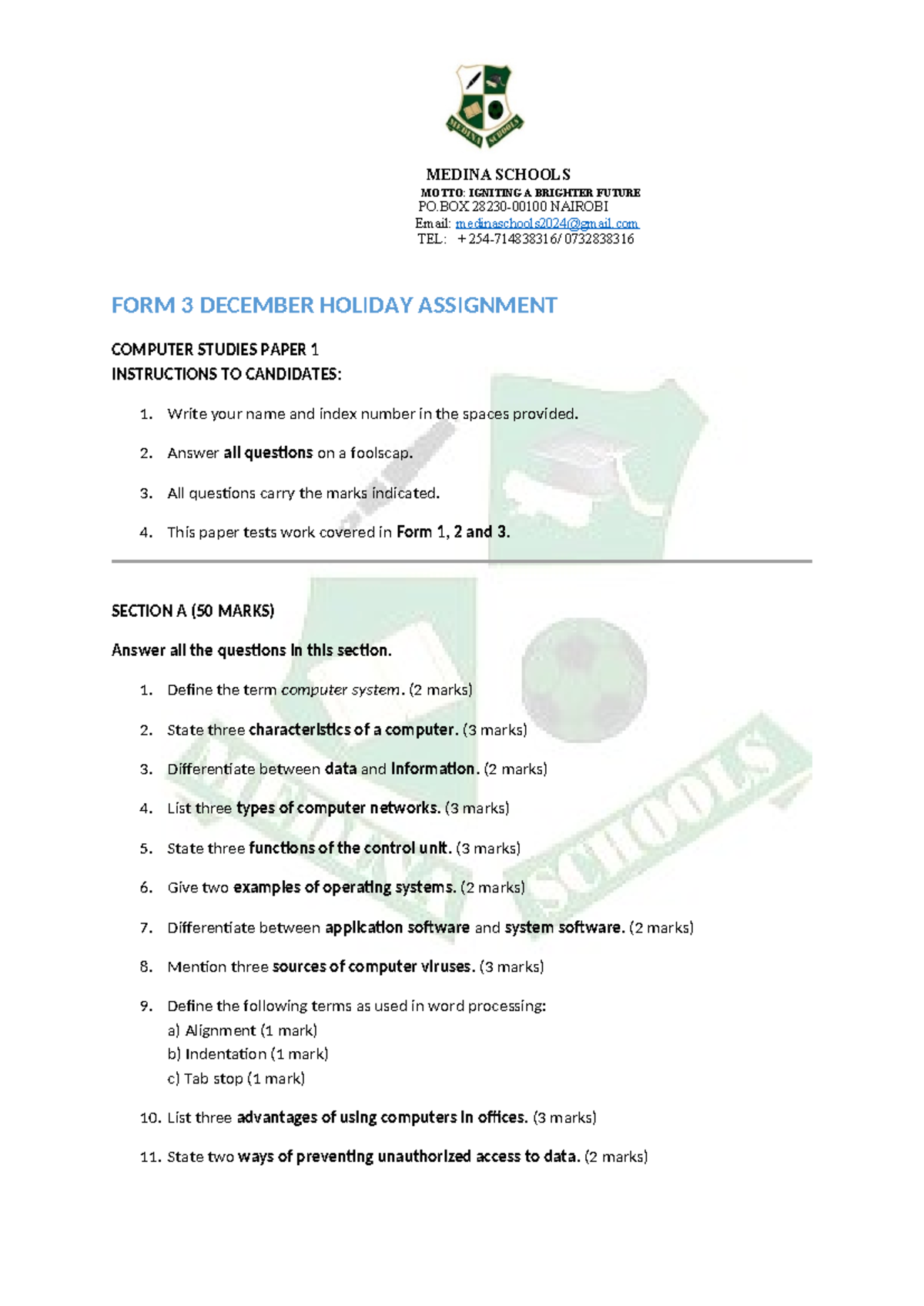 FORM 3 DECEMBER ASSIGNMENT: COMPUTER STUDIES PAPER 1 - Studocu