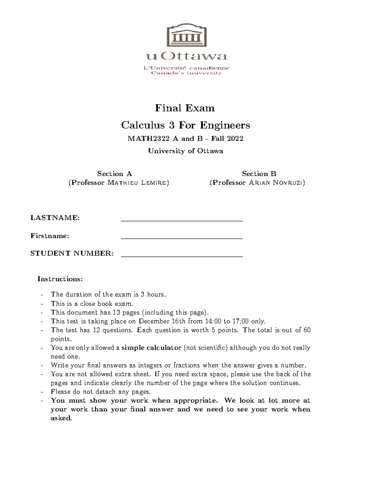 MATH2322A Midterm 1 Solutions for Fall 2022 - Calculus 3 Exam - Studocu