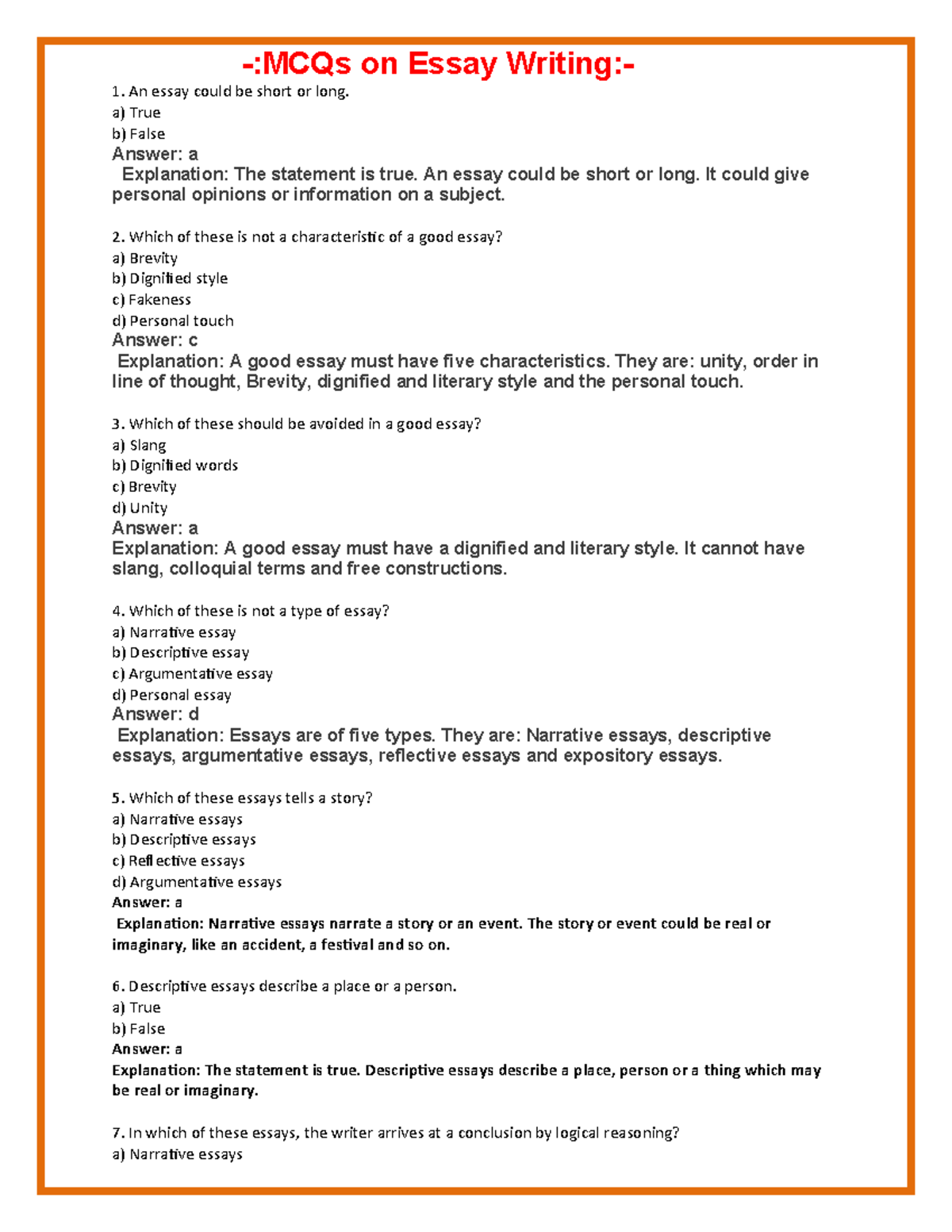 533403552 Essay Writing MCQs: Practice Questions and Answers - Studocu