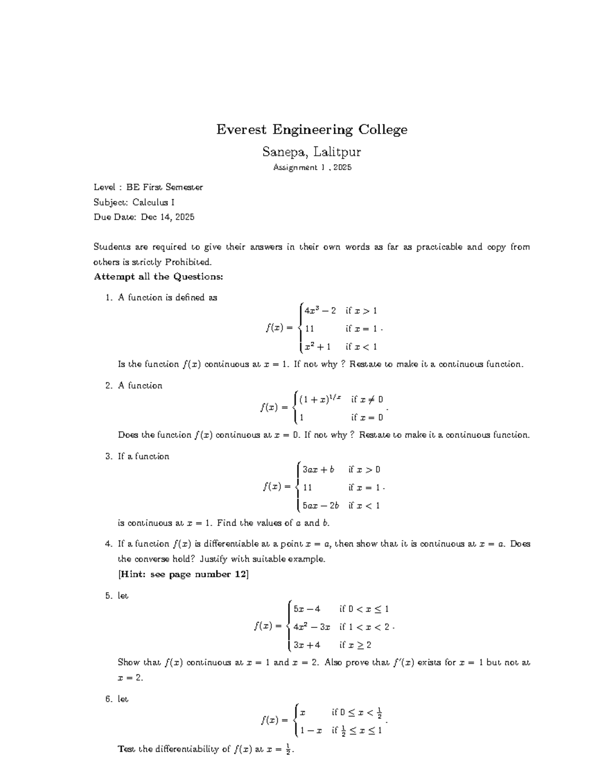Calculus I Assignment 1 - BE First Semester (2025) - Studocu