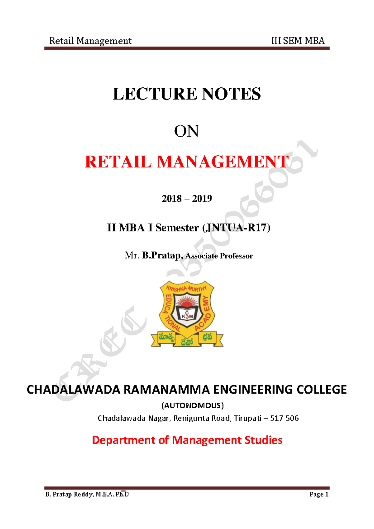 Retail Management Lecture Notes - II MBA I Sem (17CE00314) - Studocu
