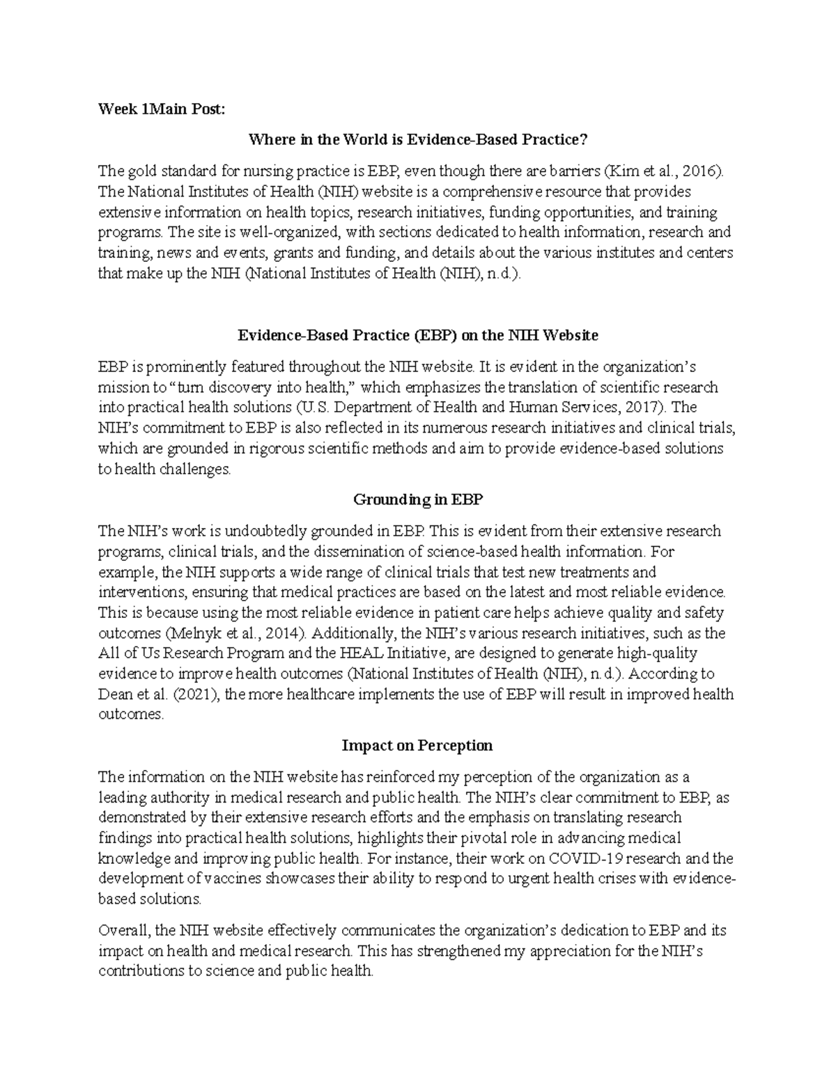 NURS 6052 EBP DB 1 - Evidence-Based Practice Insights from NIH - Studocu