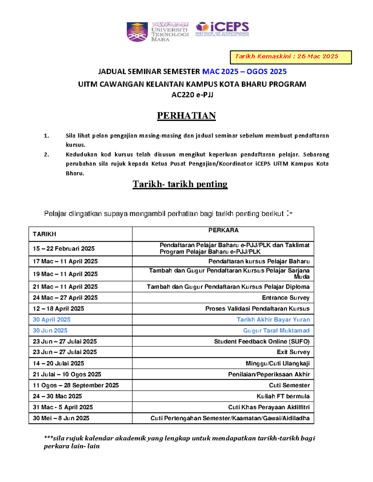 Jadual Seminar Program AC220 Semester Mac 2025 - UITM Kota Bharu - Studocu