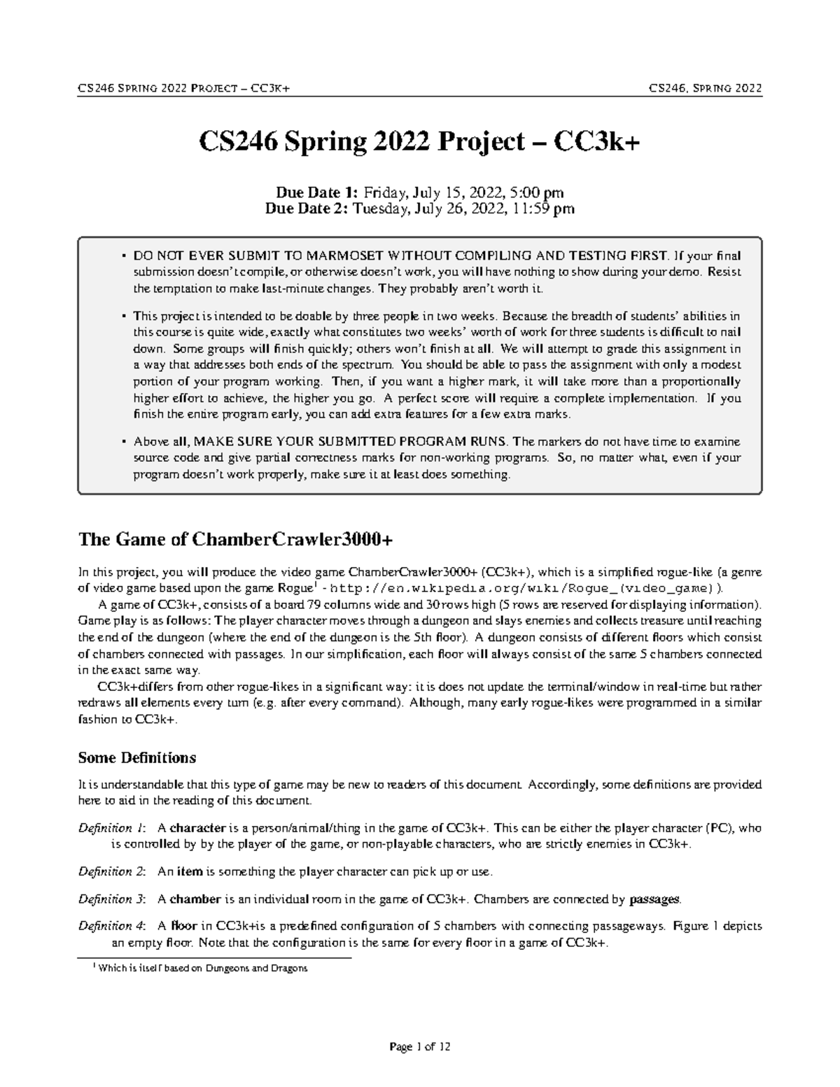 CS246 - Project Overview for ChamberCrawler3000+ (CC3k+) - Studocu