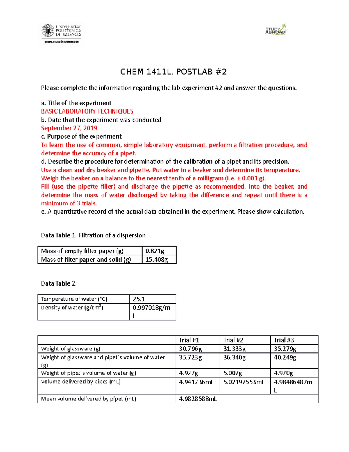 Exp1 postlab - Basic post lab - CHEM 1411L. POSTLAB Please complete the ...
