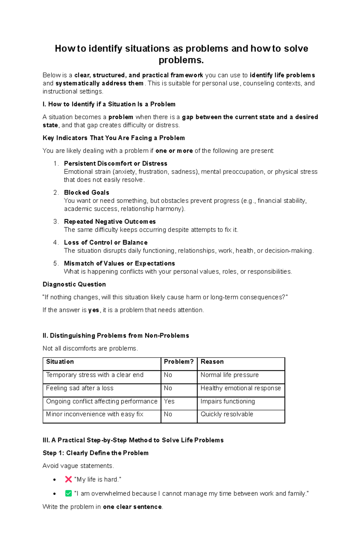 Identifying and Solving Life Problems: A Practical Framework - Studocu