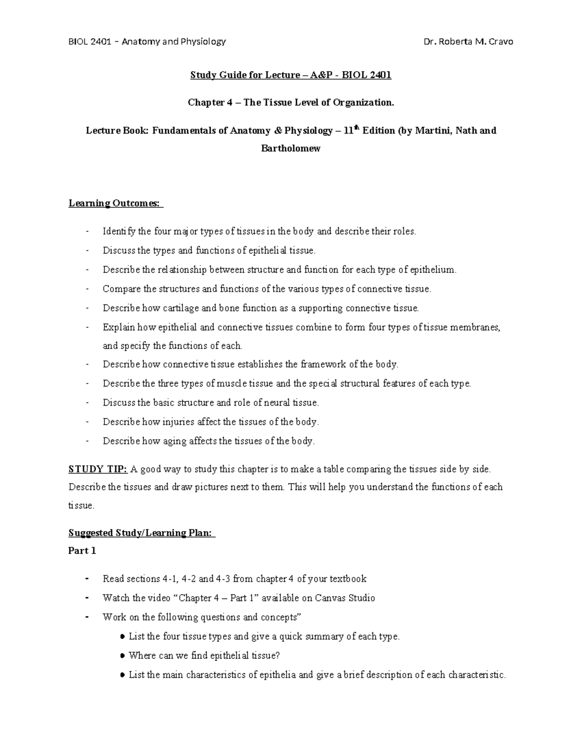 Study Guide - Chapter 4: Tissue Level of Organization - BIOL 2401 - Studocu