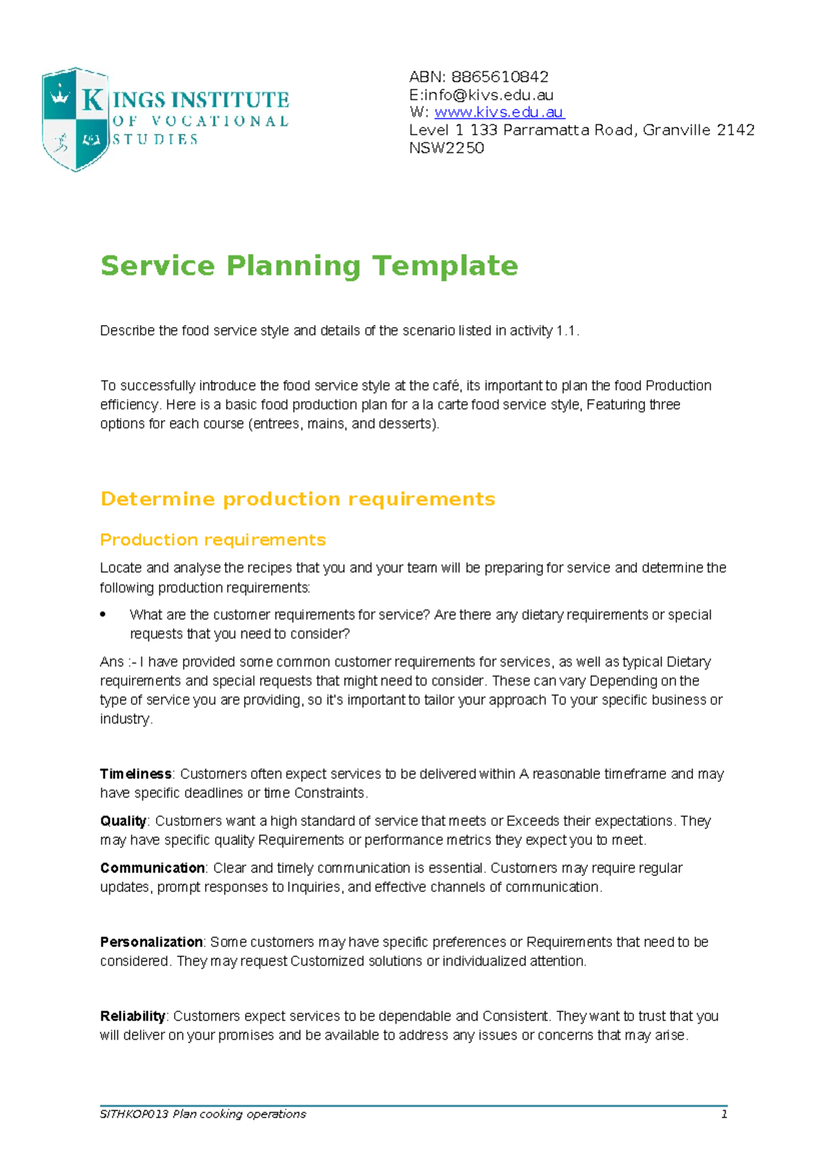 SITHKOP 013 Service Planning Template for A La Carte Food Service - Studocu