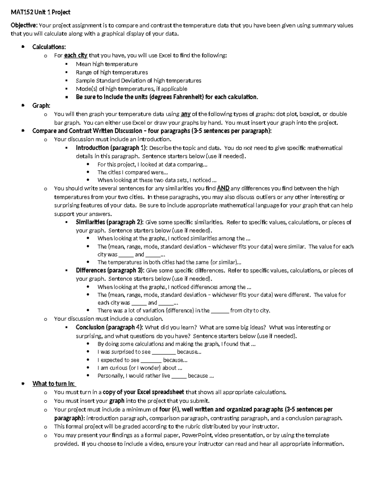 MAT152 Unit 1 Project: Comparing City Temperature Data Analysis - Studocu