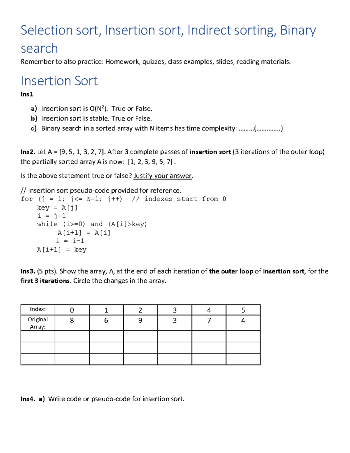 Insertion binary search - Selection sort, Insertion sort, Indirect ...
