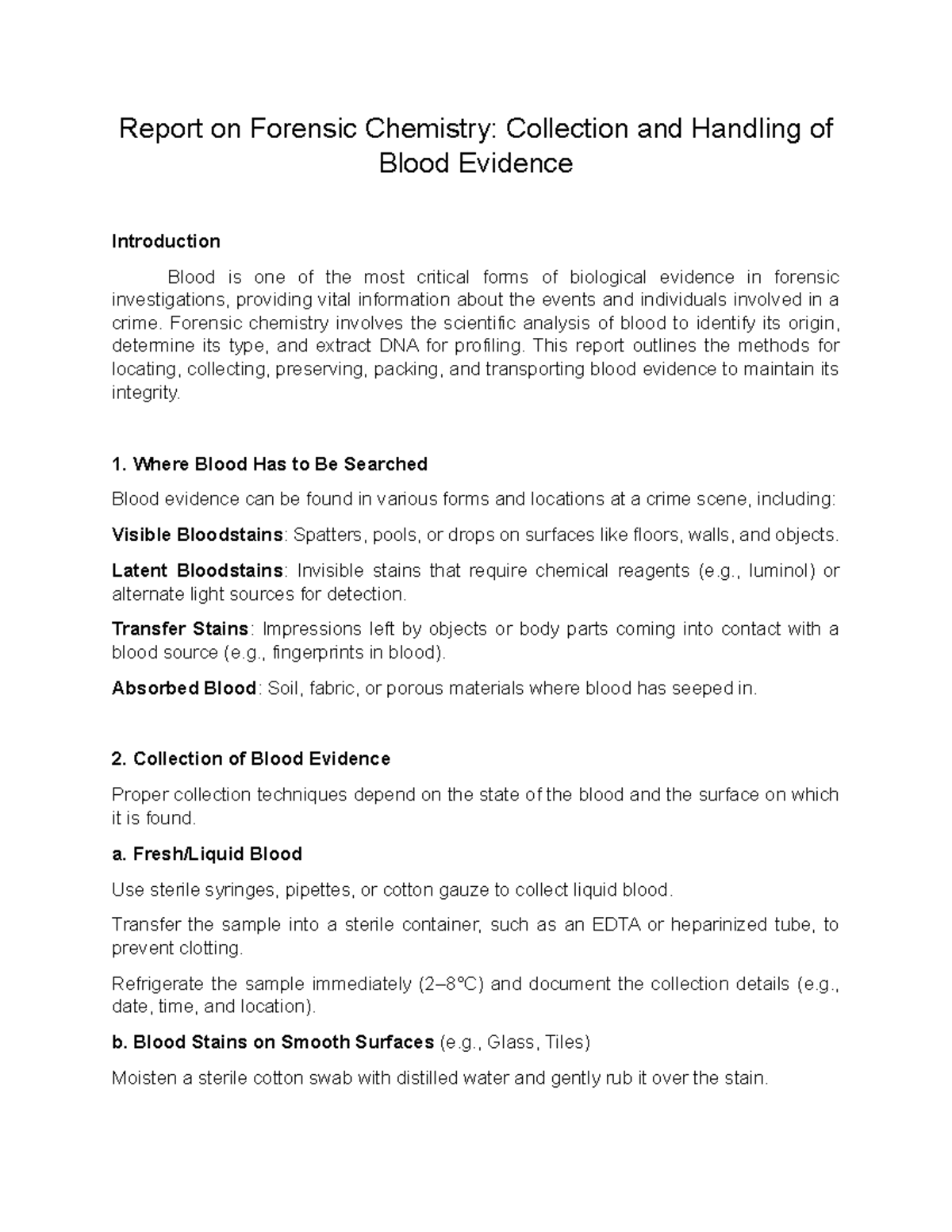 Forensic Chemistry Report: Blood Evidence Collection & Handling - Studocu