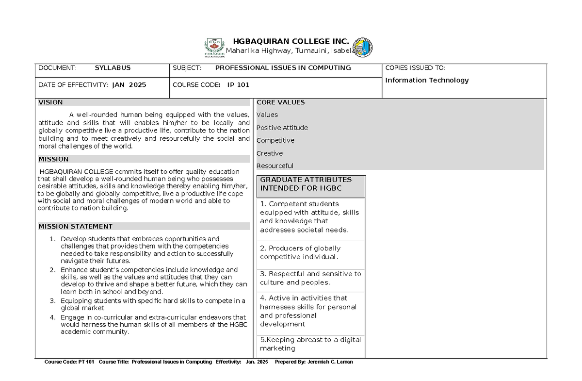 Professional Issues in Computing Syllabus - IP 101 - Studocu