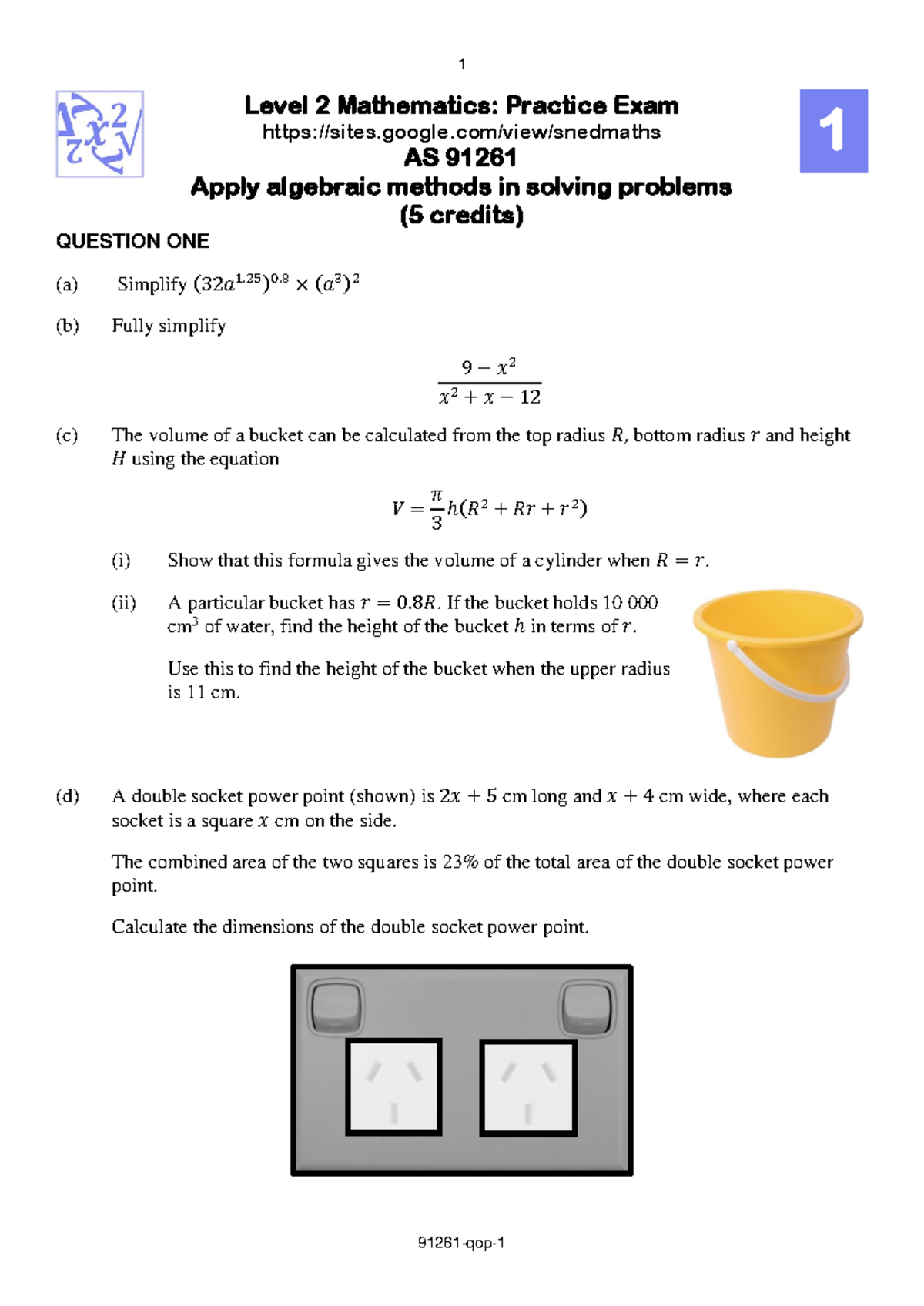 Level 2 Mathematics Practice Exam AS 91261: Algebraic Problem Solving ...