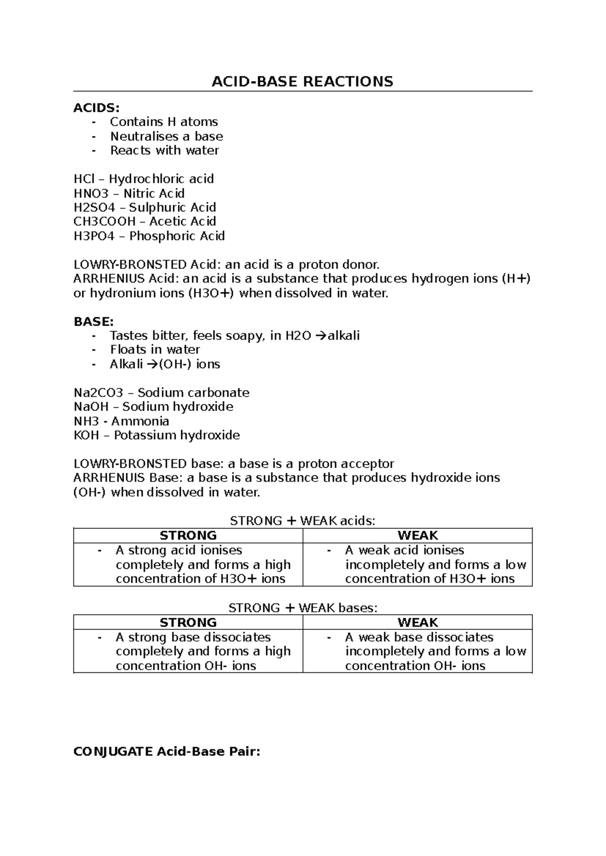Acid-Base Reactions Notes: Understanding Acids and Bases - Studocu