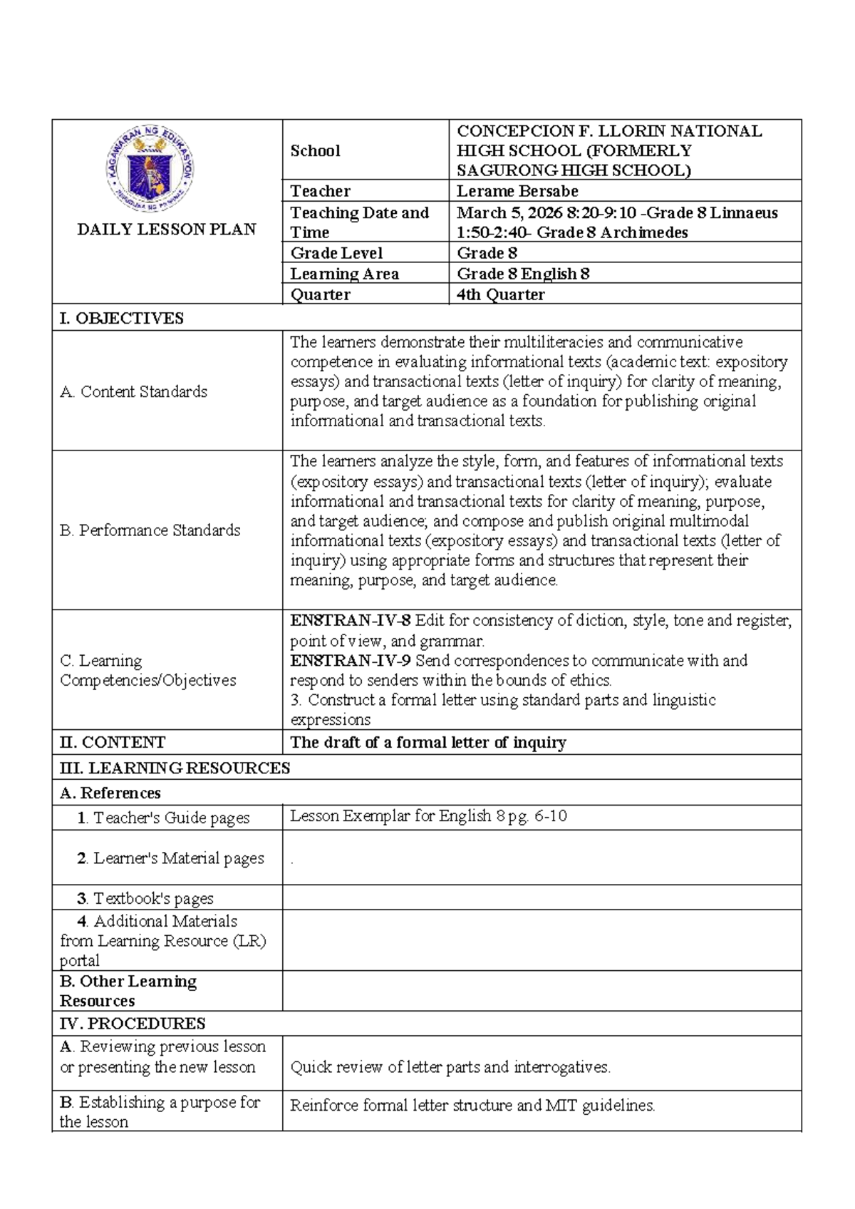 SDWeek 3 Day 4 Lesson Plan for English 8 - Formal Letter Writing - Studocu