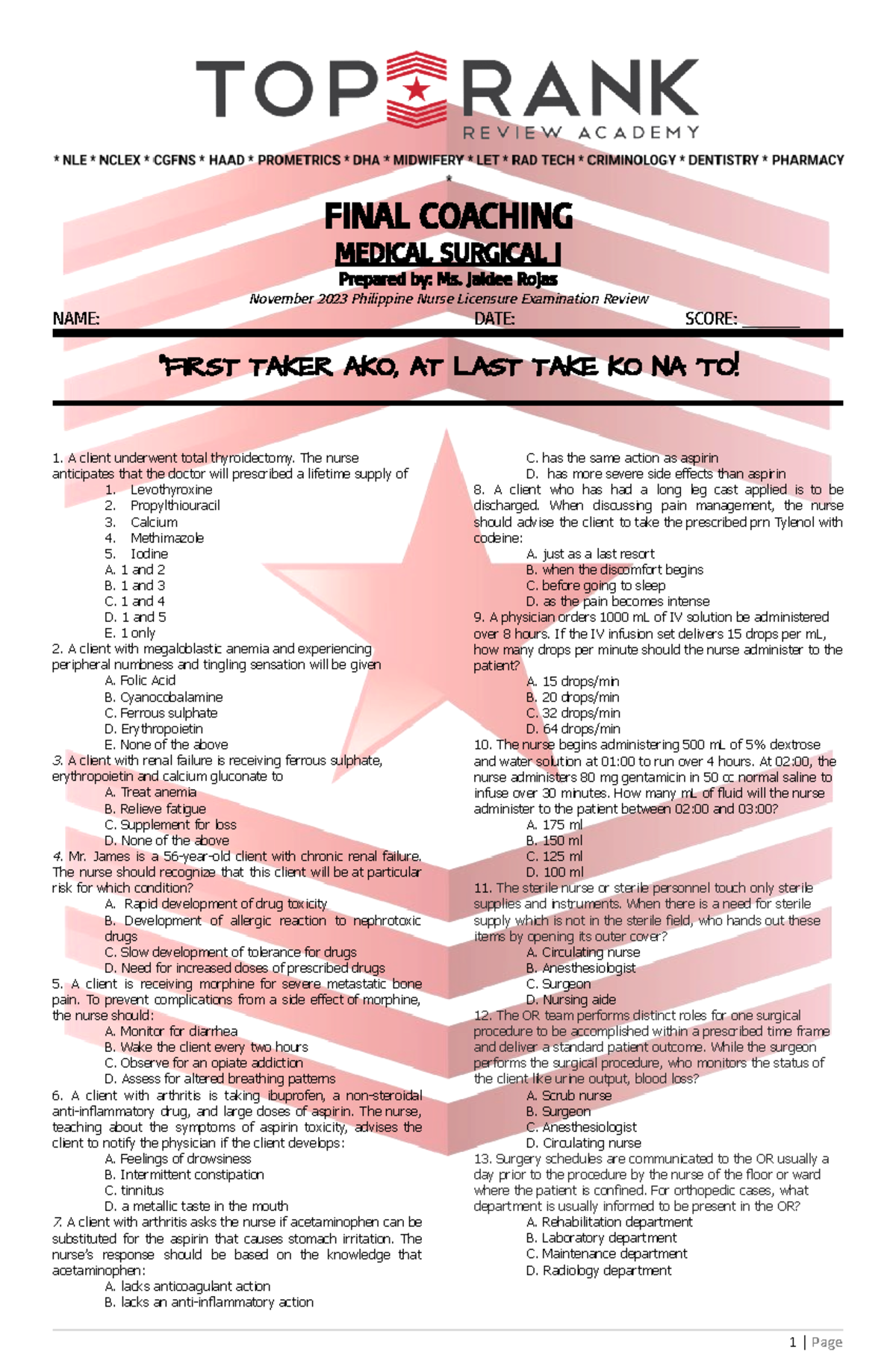 FC-MS1 Final Exam Review: Medical-Surgical Nursing I Guide - Studocu