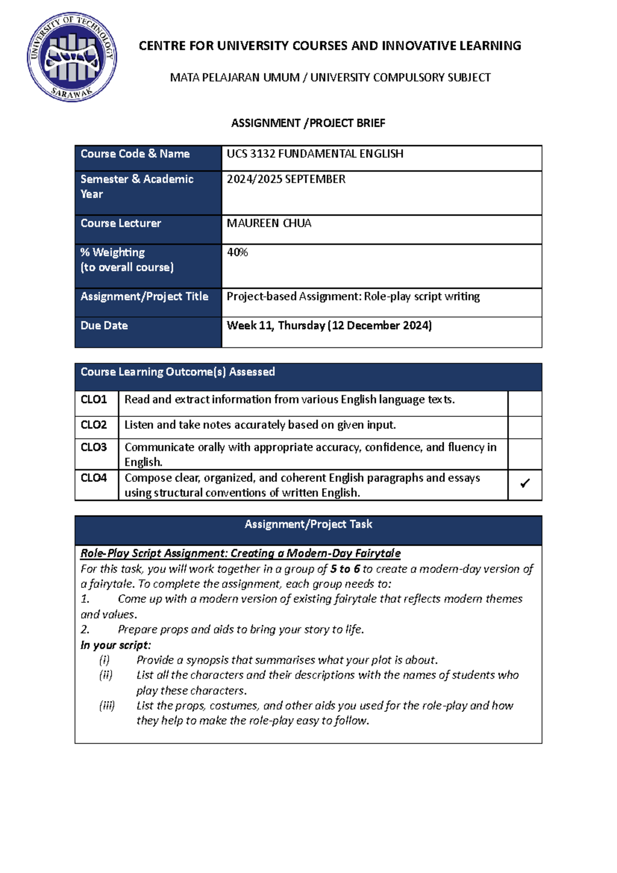 UCS 3132 Role-Play Script Assignment: Modern Fairytale Project - Studocu