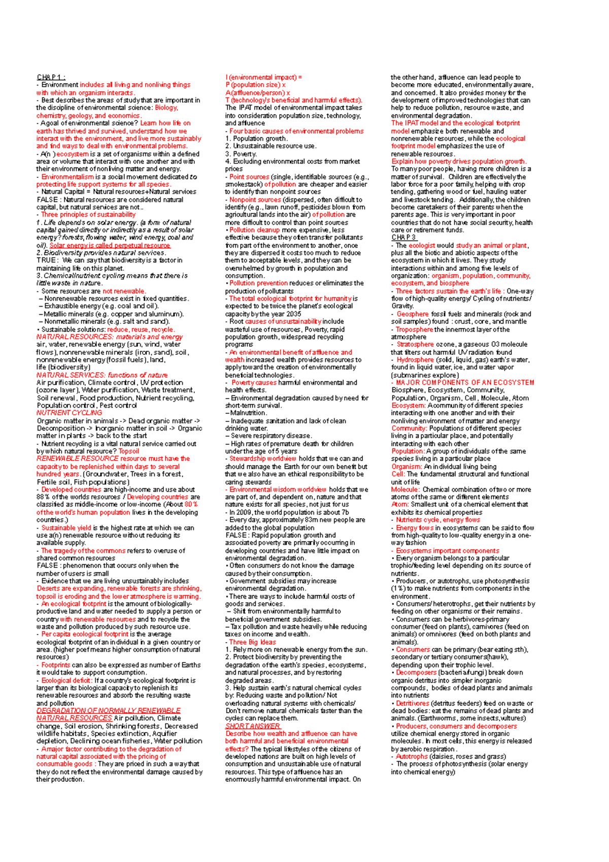 ES-NOTE-1 - Note Midterm - CHAP 1 : Environment includes all living and ...