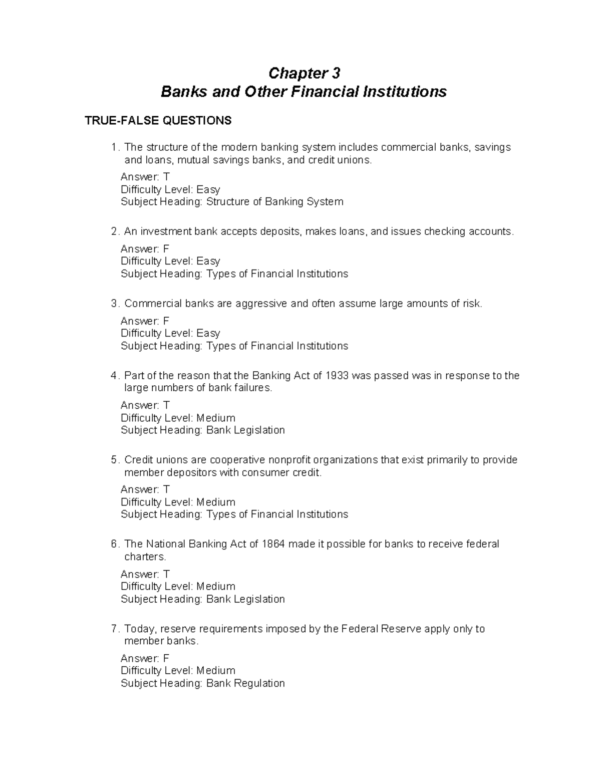 Ch03 - Banking Systems and Financial Institutions Test Bank - Studocu