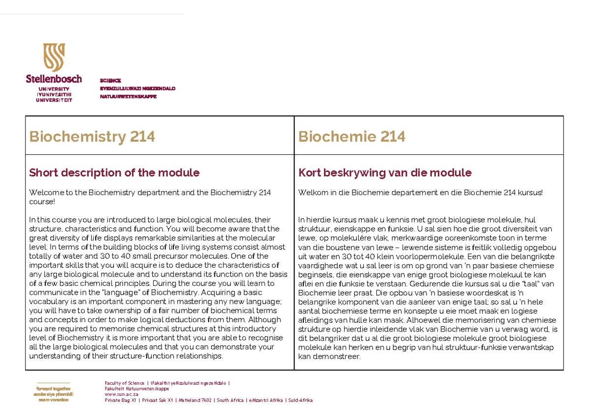 Biochemistry 214 Module Overview and Course Details 2024 - Studocu