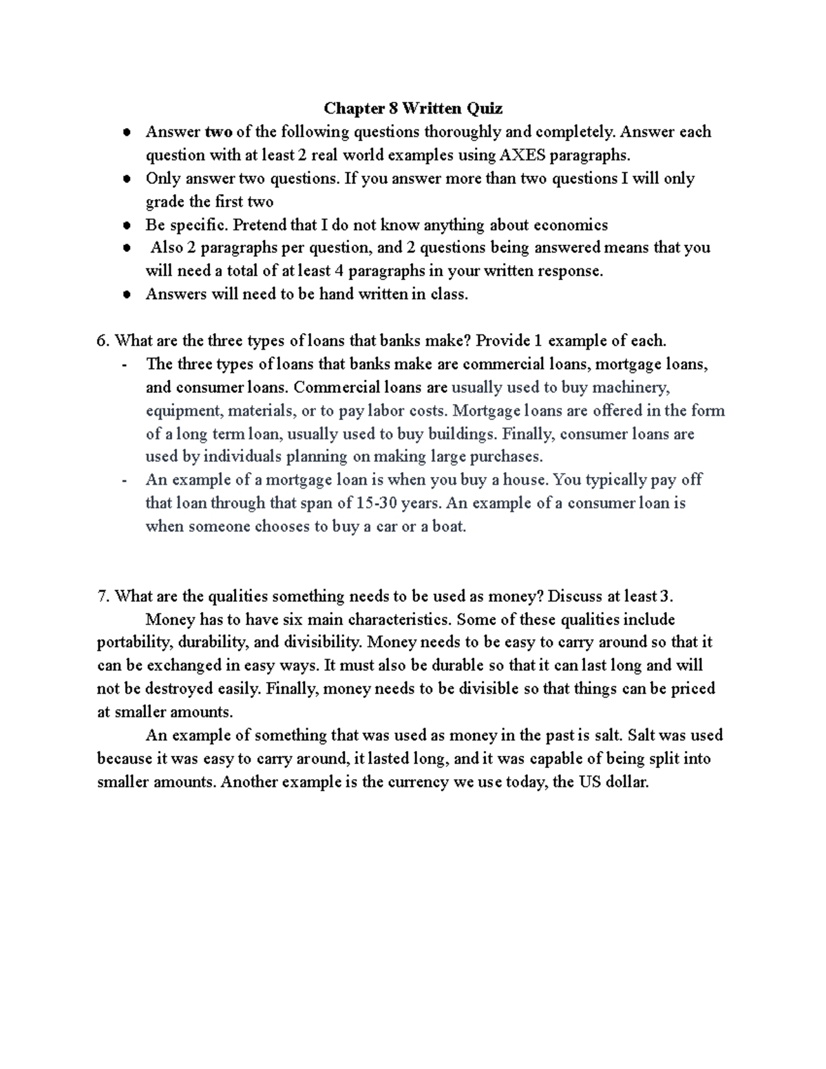 Chapter 8 Money and Banking Written Quiz Guidelines and Examples - Studocu