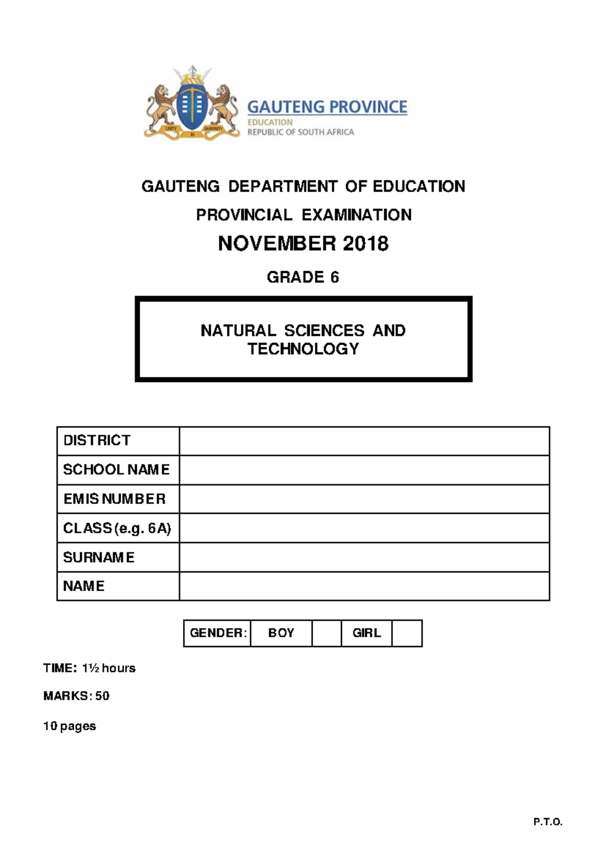 Grade 6 NS & Tech Provincial Exam Nov 2018 Question Paper - Studocu