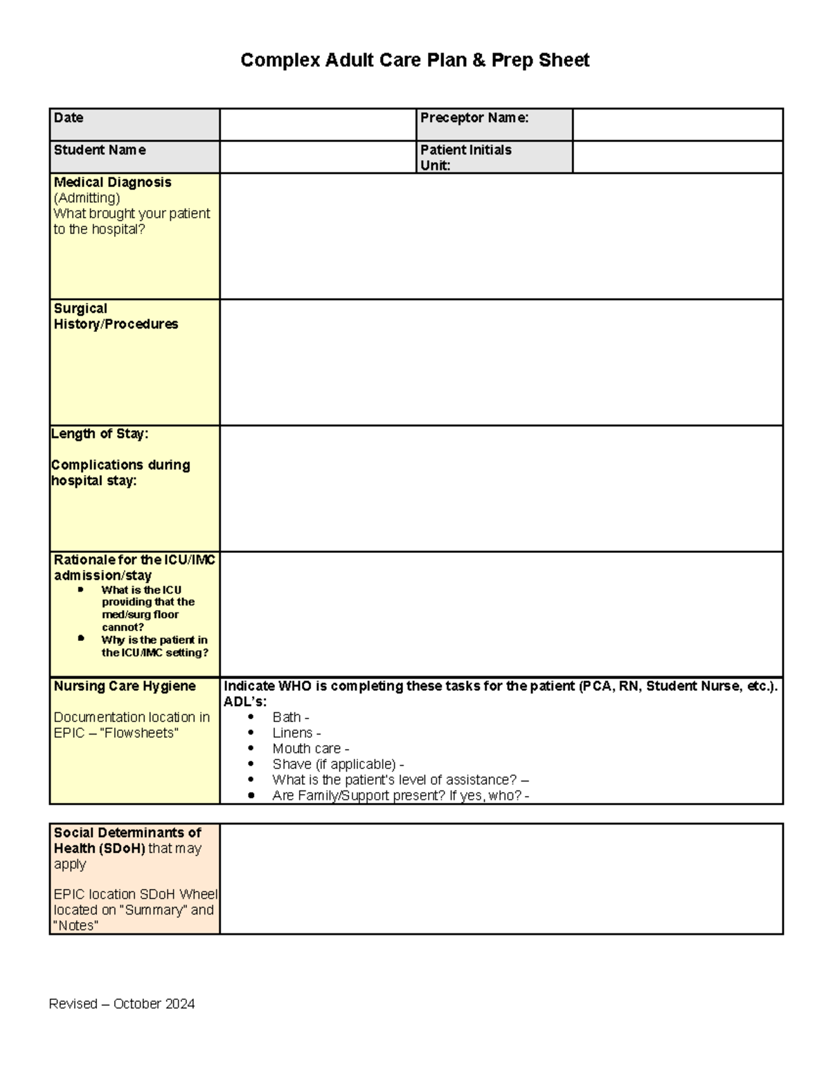 Adult Complex Care Plan & Prep Sheet (Revised Oct 2024) - Studocu