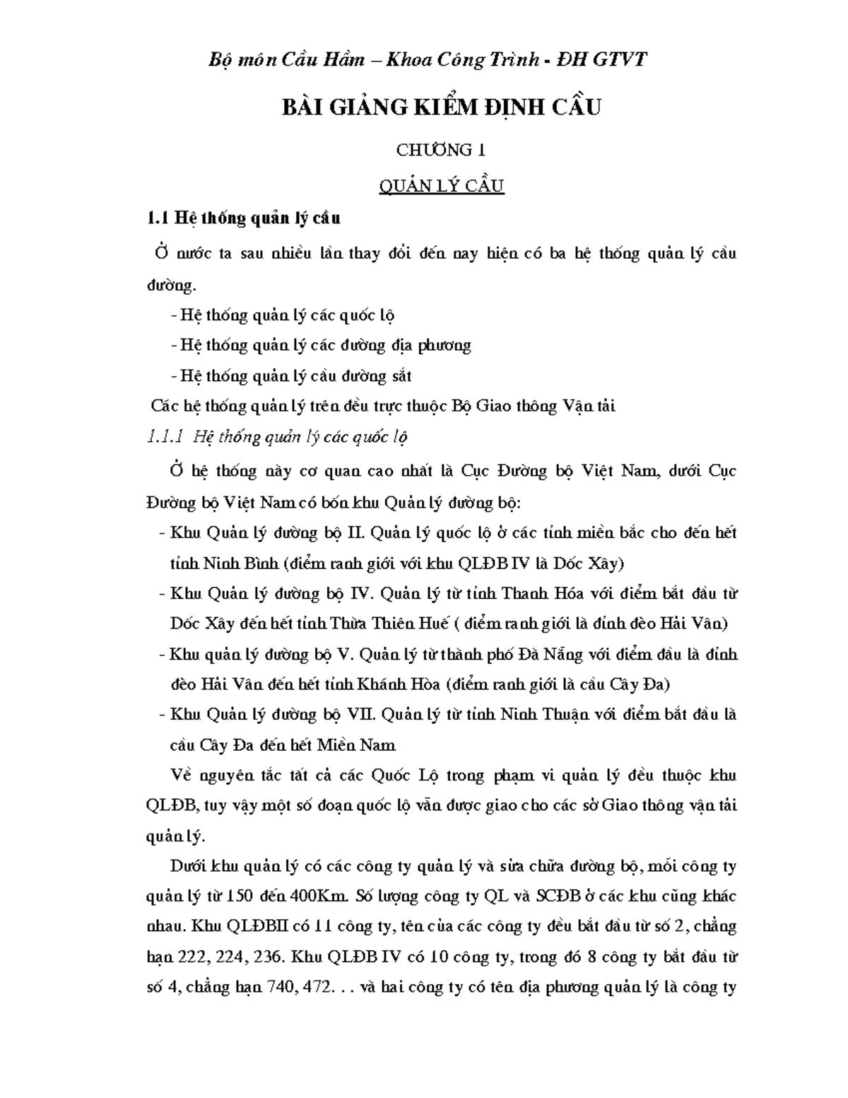 KHAI THÁC KIỂM ĐỊNH CẦU - gfdg - Ch2¬ng1 Qu¶nlýcÇu 1 HÖthèngqu¶nlýcÇu ë ...