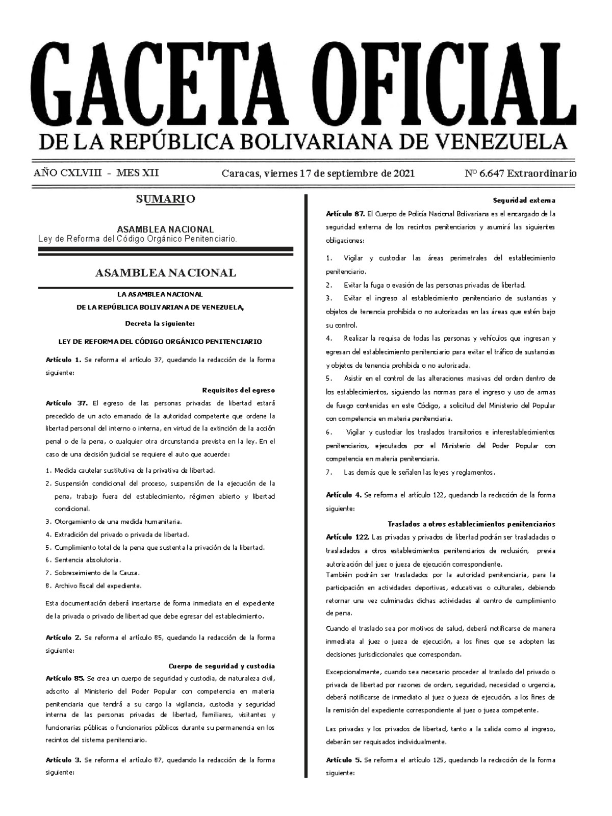 Ley de Reforma del Código Orgánico Penitenciario 6.647 Extraordinario ...
