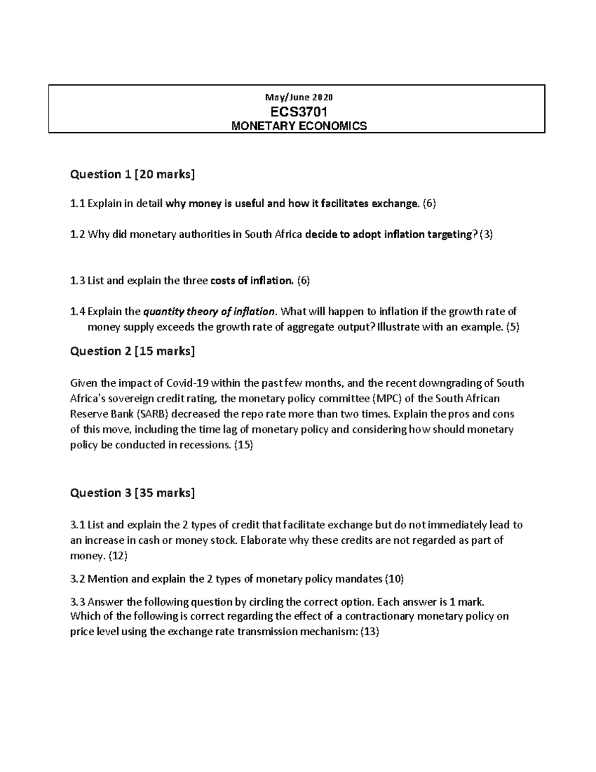 ECS3701 Monetary Economics Exam Questions & Answers (2023) - Studocu