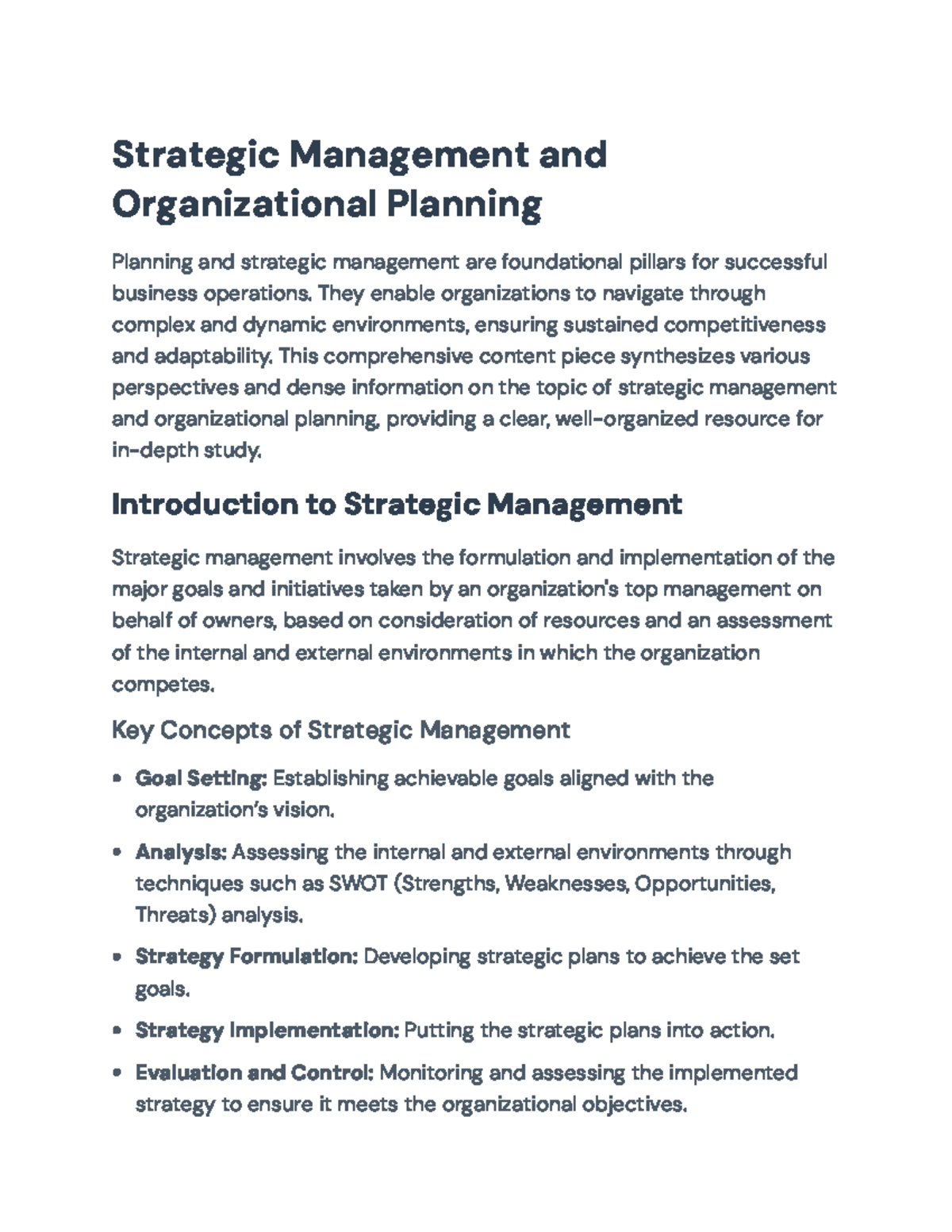 Strategic Management & Org Planning: Key Concepts & Approaches (SM 101 ...