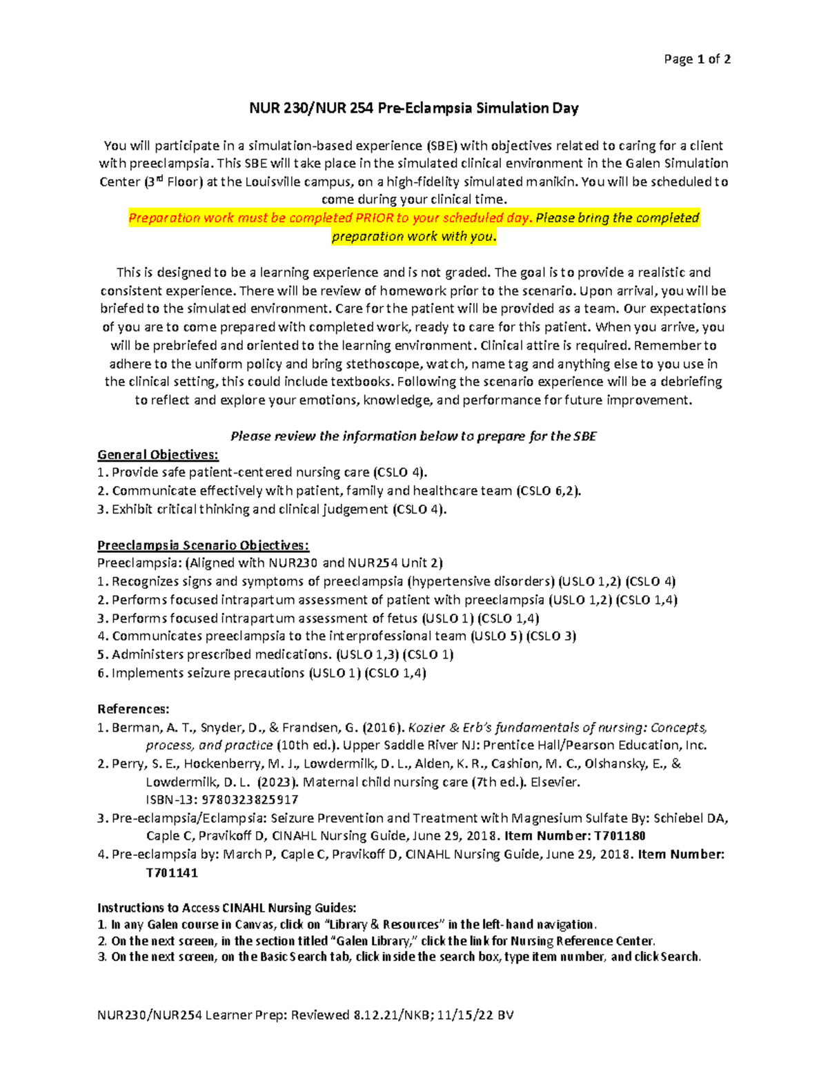 NUR230 Simulation Lab Prep for Preeclampsia SBE and Objectives - Studocu