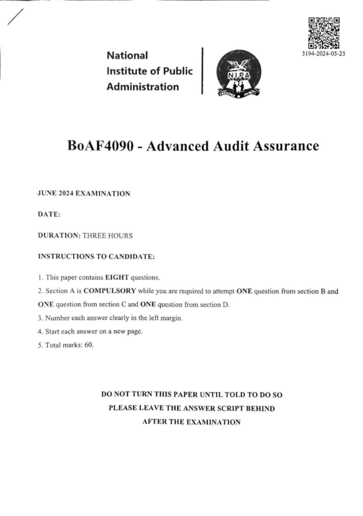 BoAF4090 Advanced Audit Assurance June 2024 Exam Paper - Studocu