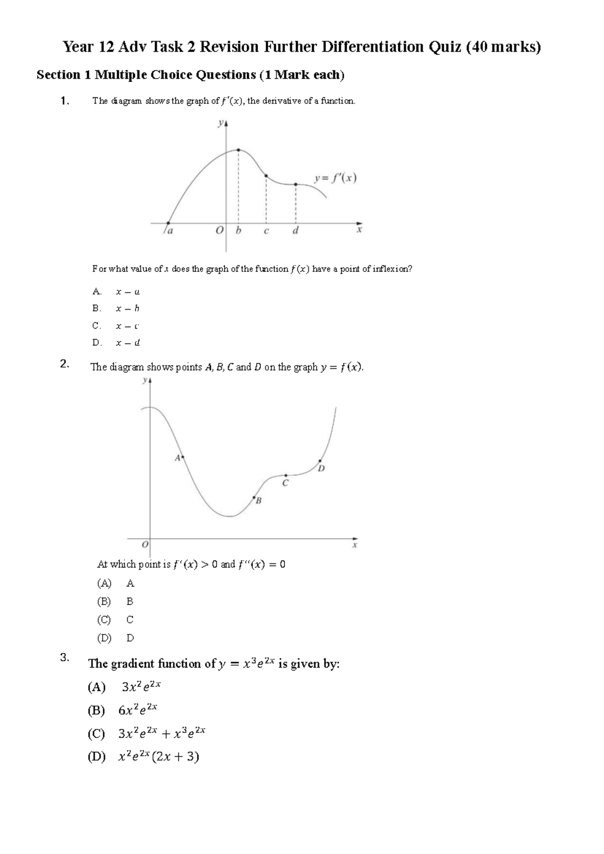 Year 12 Adv Task 2 Revision Quiz on Further Differentiation Concepts ...