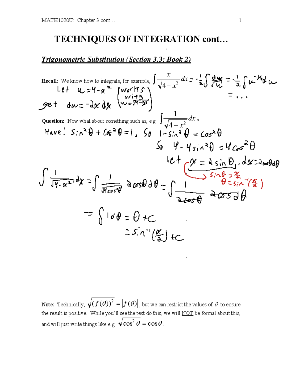 MATH1020U: Chapter 3 Techniques of Integration - Trig Substitution ...