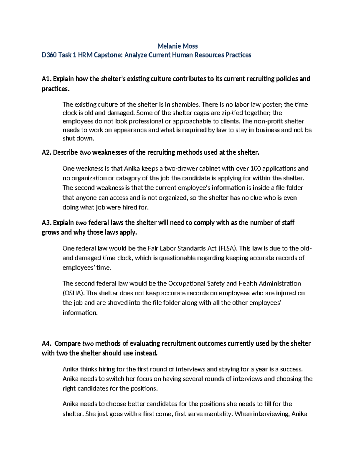 D360 Task 1: HRM Capstone Analysis of Shelter's HR Practices - Studocu