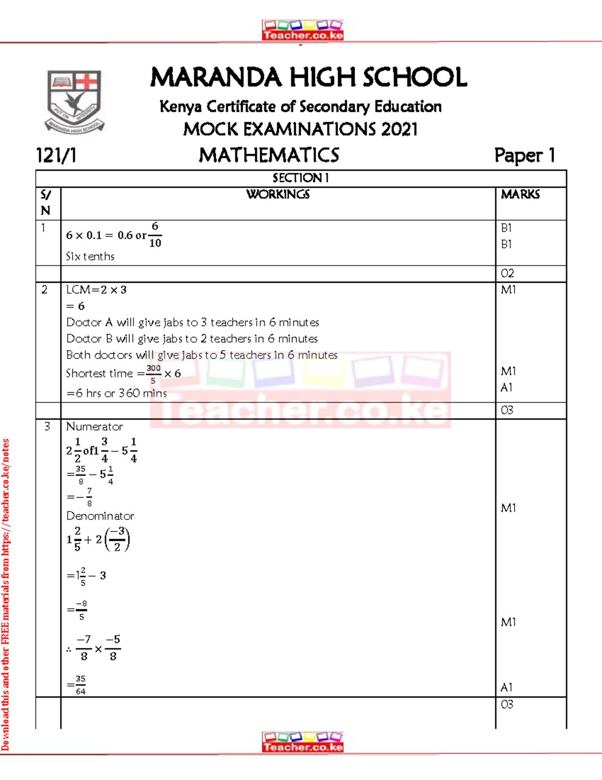Maranda High School Mock Exam 2021: 121 Mathematics Paper 1 MS - Studocu