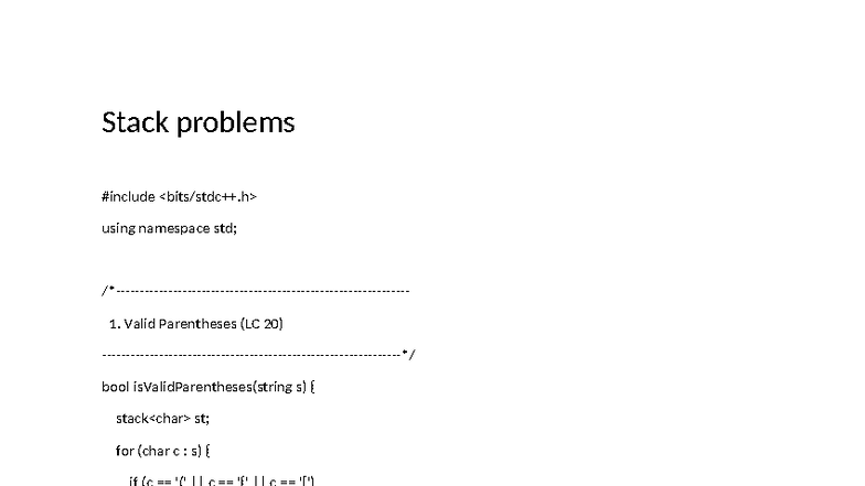 Stack Problems and Solutions - HELLO (LC 20, 155, 150, 84, 42, 844, 71 ...