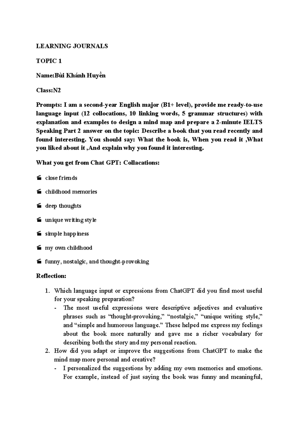 Learning Journals - Speaking Part 2 Insights for N2 Students - Studocu