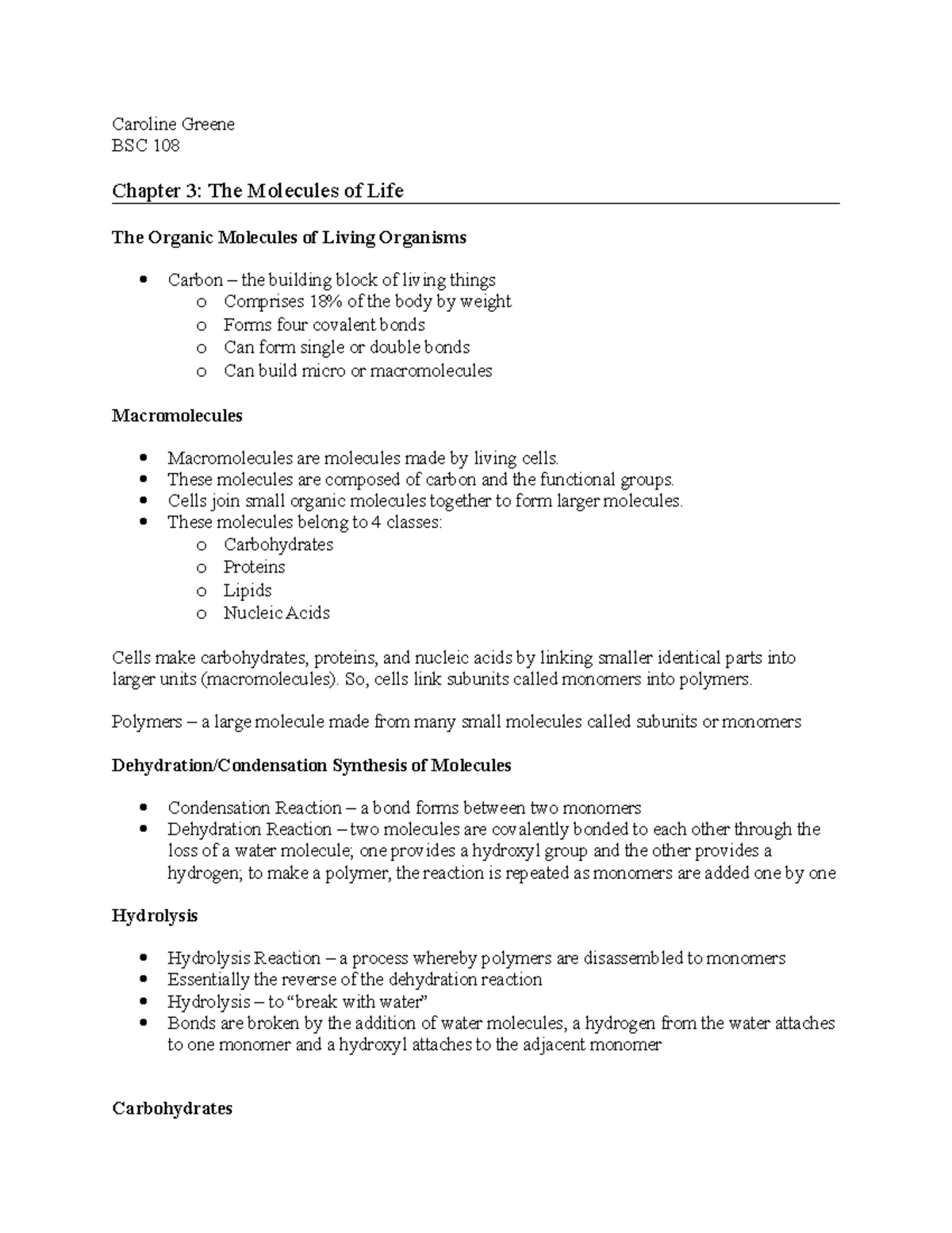 BSC 108 Chapter 3 Notes: Understanding Molecules of Life - Studocu