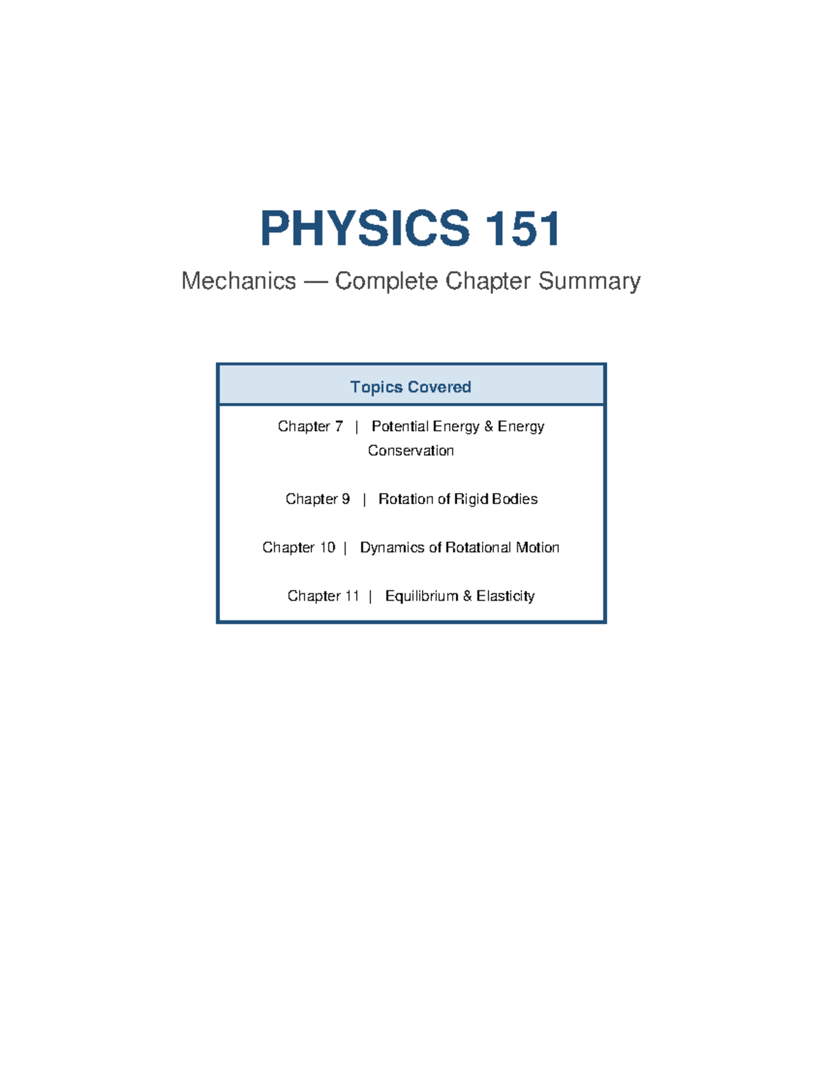 PHYSICS 151 Complete Chapter Summary: Mechanics Overview - Studocu