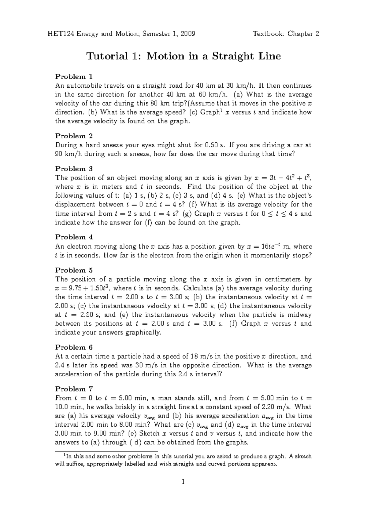 HET124 Semester 1, 2009: Chapter 2 Tutorial 1 Solutions on Motion - Studocu