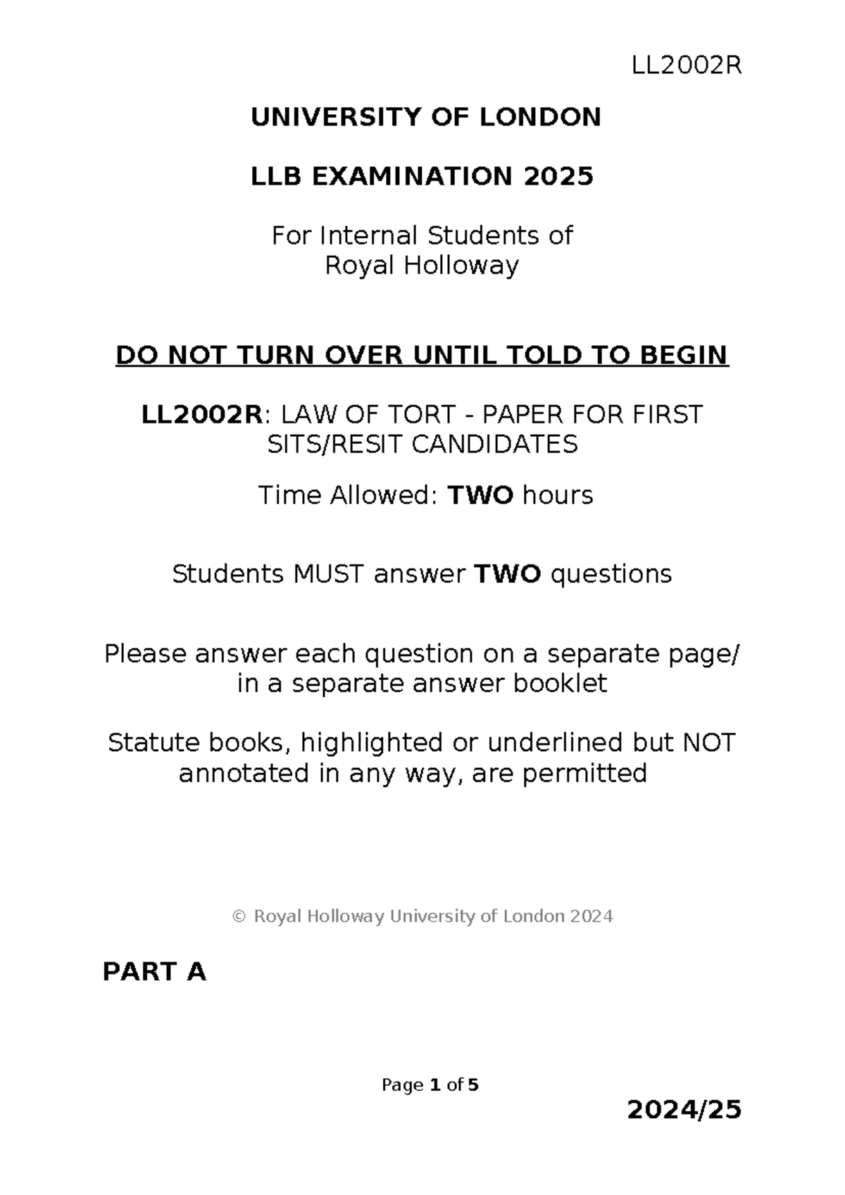 LL2002R Law of Tort In-Person Exam Paper 2024-25 - Studocu