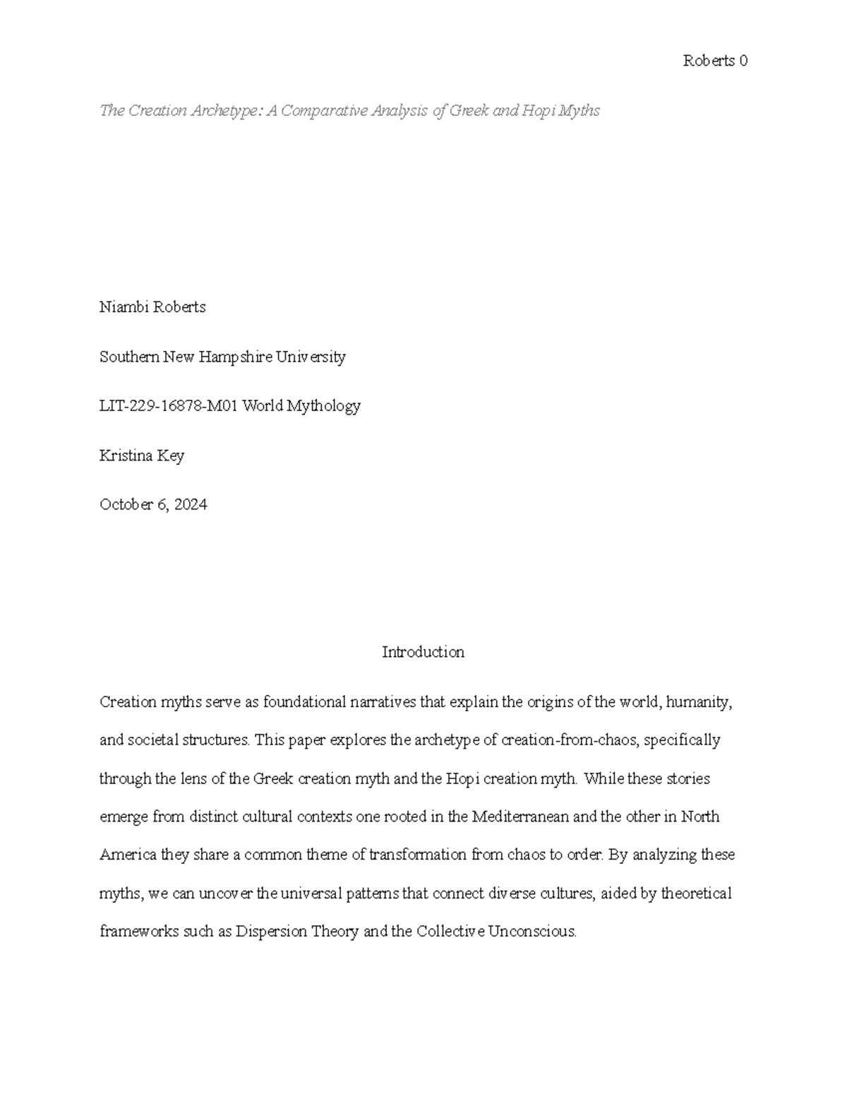 Final Submission Mythology Analysis Paper - The Creation Archetype: A ...
